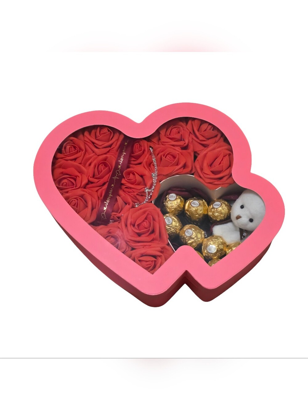 Eternal red flowers with a box in the shape of a pink heart, chocolate/bear.